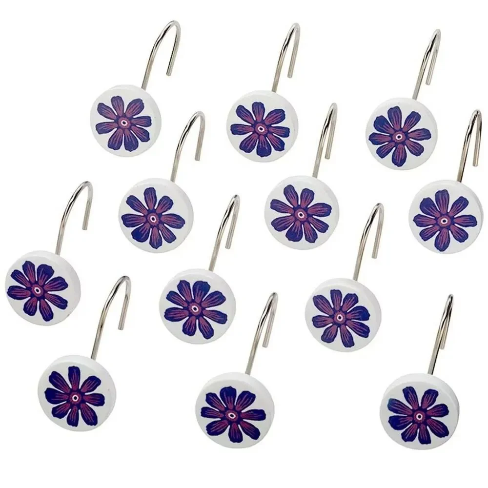 Retro Vibe Blue Floral Shower Curtain Hooks 12-pc Ceramic Metal Bath Gift NEW